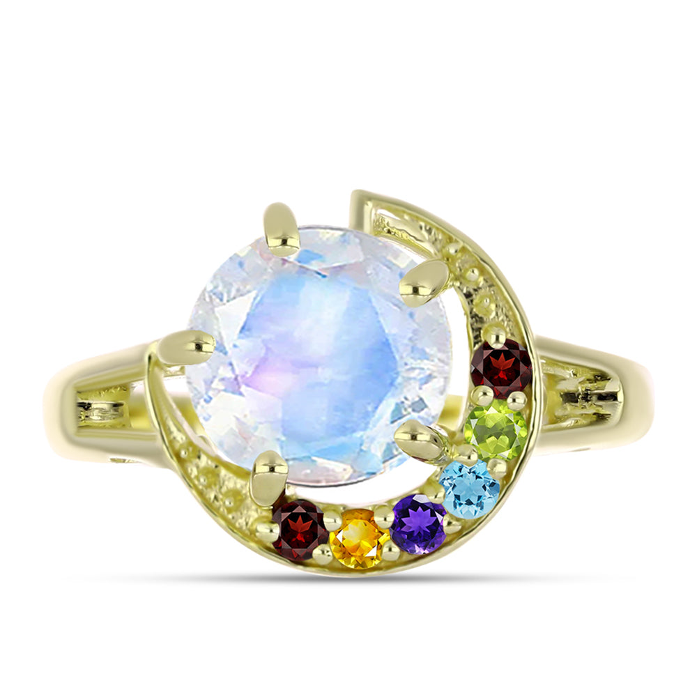Anillo de Plata Bañada en Oro con Piedra Lunar Arco Iris y Amatista de Marruecos 1 