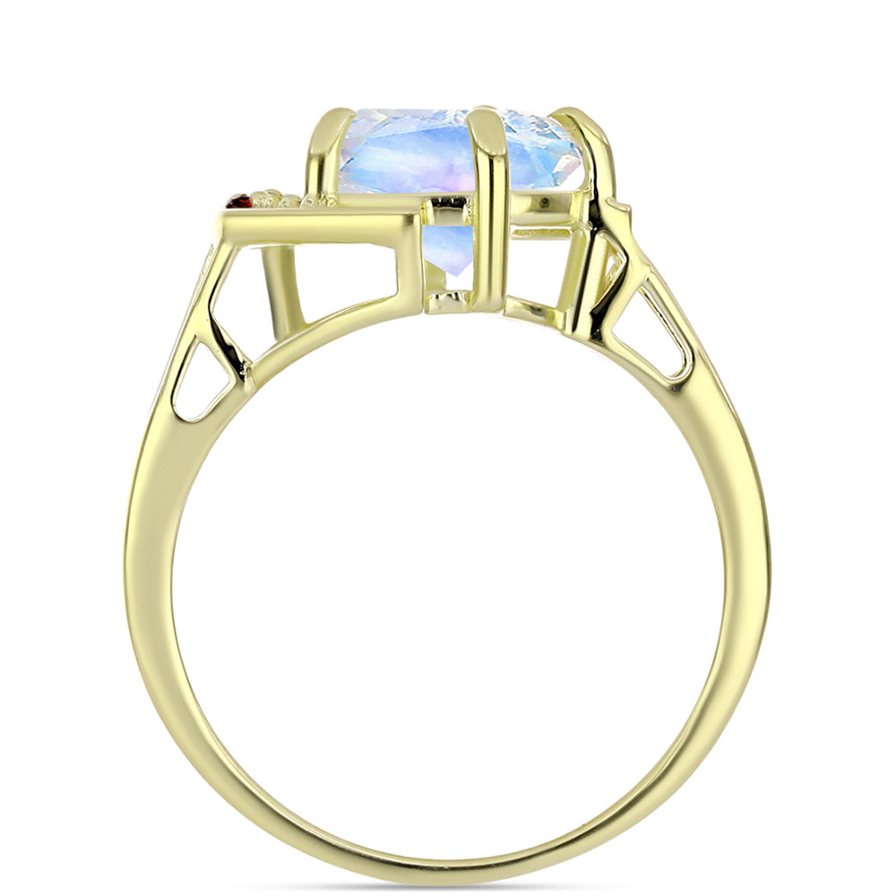 Anillo de Plata Bañada en Oro con Piedra Lunar Arco Iris y Amatista de Marruecos