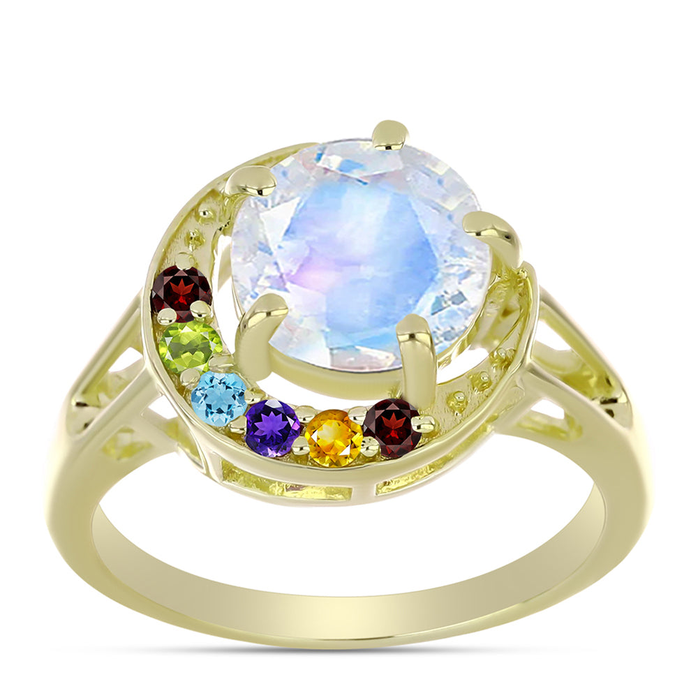 Anillo de Plata Bañada en Oro con Piedra Lunar Arco Iris y Amatista de Marruecos 3 
