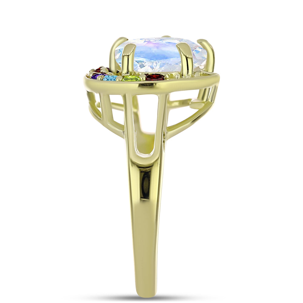Anillo de Plata Bañada en Oro con Piedra Lunar Arco Iris y Amatista de Marruecos 8 