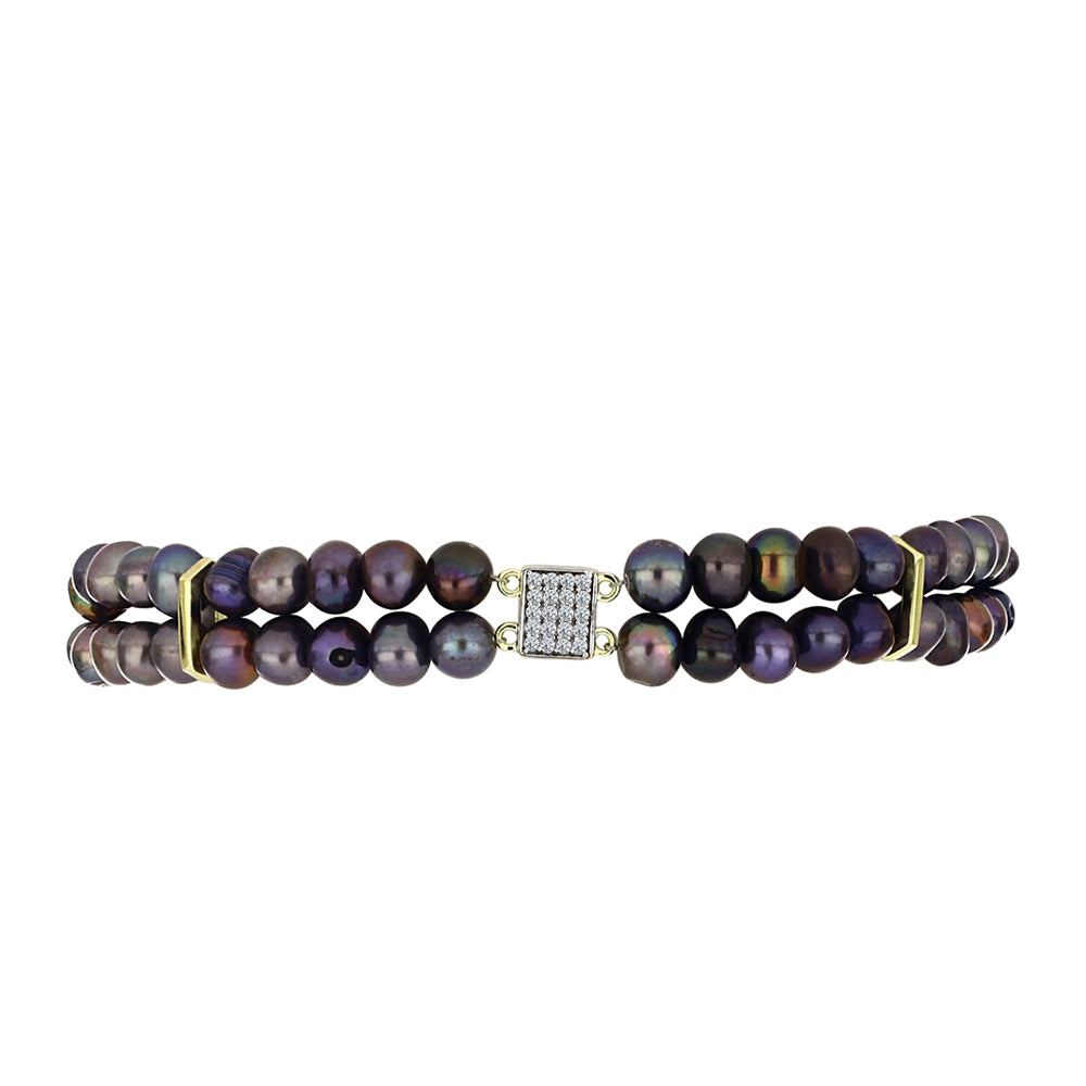 Pulsera de Plata Bañada en Oro con Perla Negra de Agua dulce y Topacio Blanco
