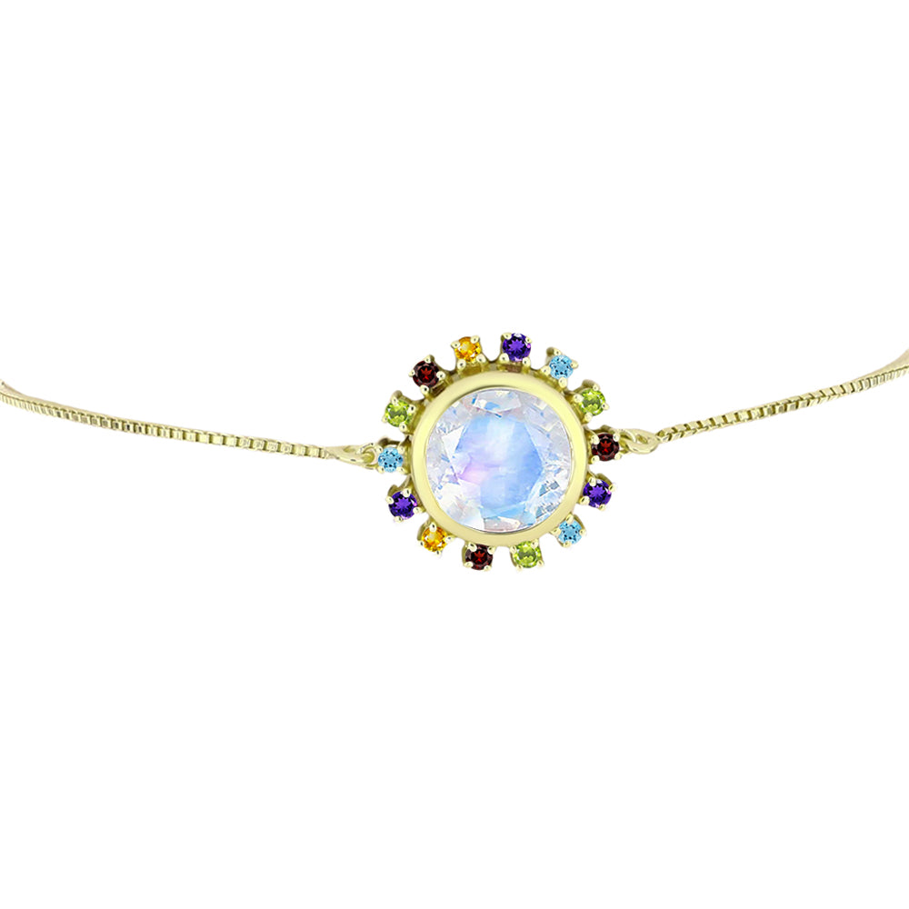 Pulsera de Plata Bañada en Oro con Piedra Lunar Arco Iris y Amatista de Marruecos