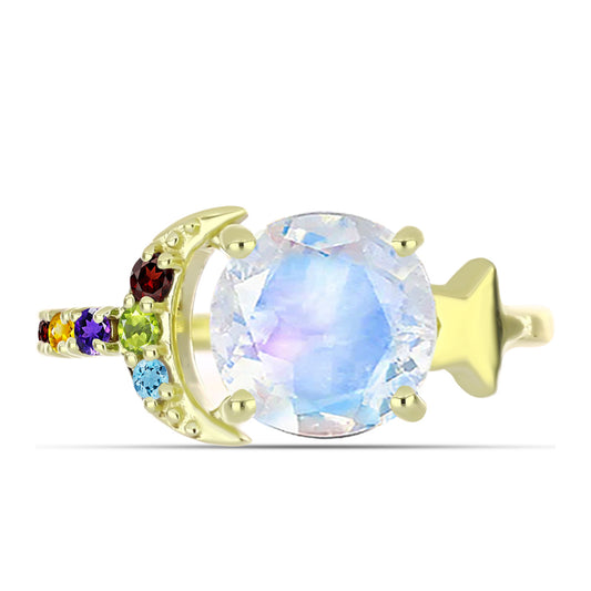 Anillo de Plata Bañada en Oro con Piedra Lunar Arco Iris y Amatista de Marruecos