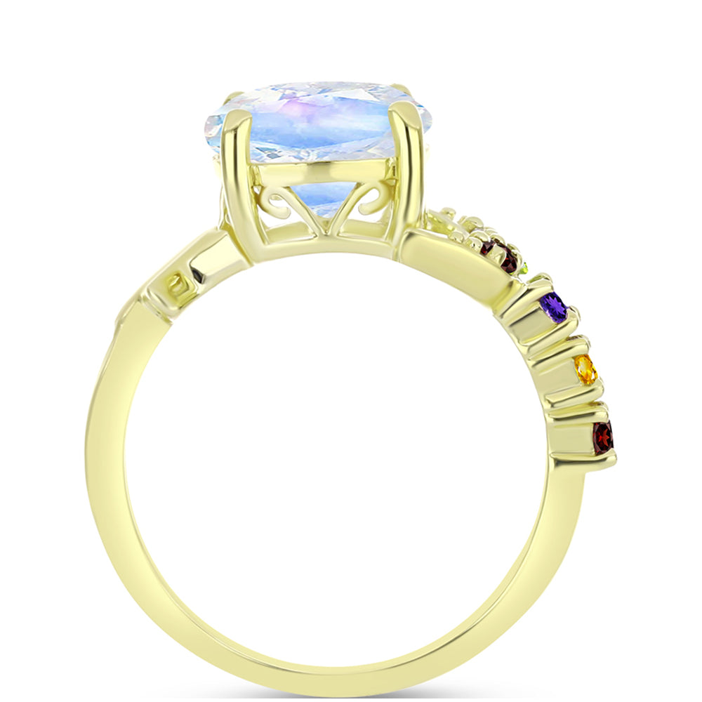 Anillo de Plata Bañada en Oro con Piedra Lunar Arco Iris y Amatista de Marruecos 6 