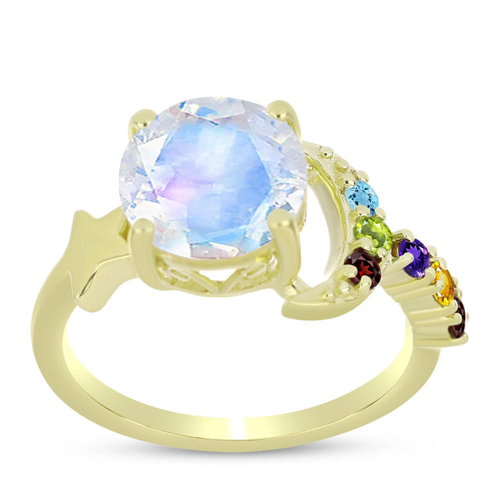 Anillo de Plata Bañada en Oro con Piedra Lunar Arco Iris y Amatista de Marruecos 3 