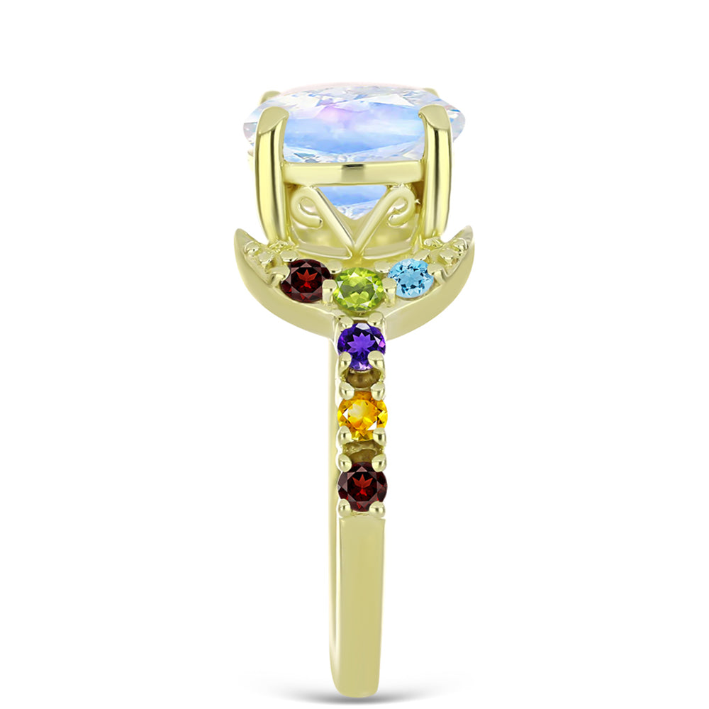 Anillo de Plata Bañada en Oro con Piedra Lunar Arco Iris y Amatista de Marruecos 8 