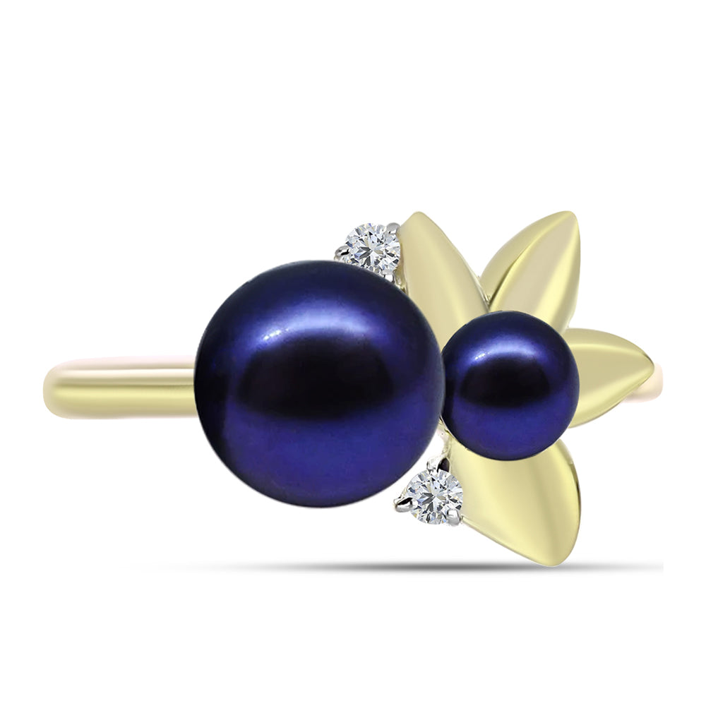 Anillo de Plata Bañada en Oro con Perla Negra de Agua dulce y Topacio Blanco 5 