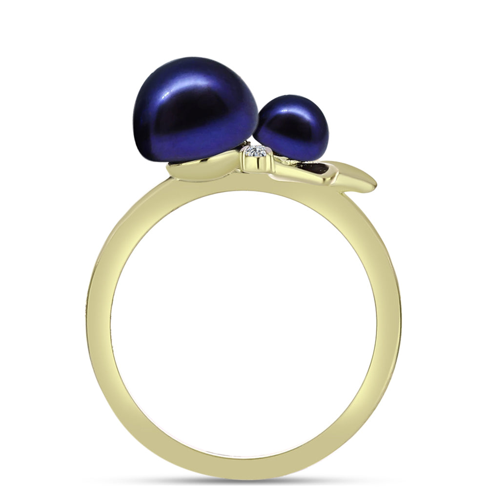 Anillo de Plata Bañada en Oro con Perla Negra de Agua dulce y Topacio Blanco 6 