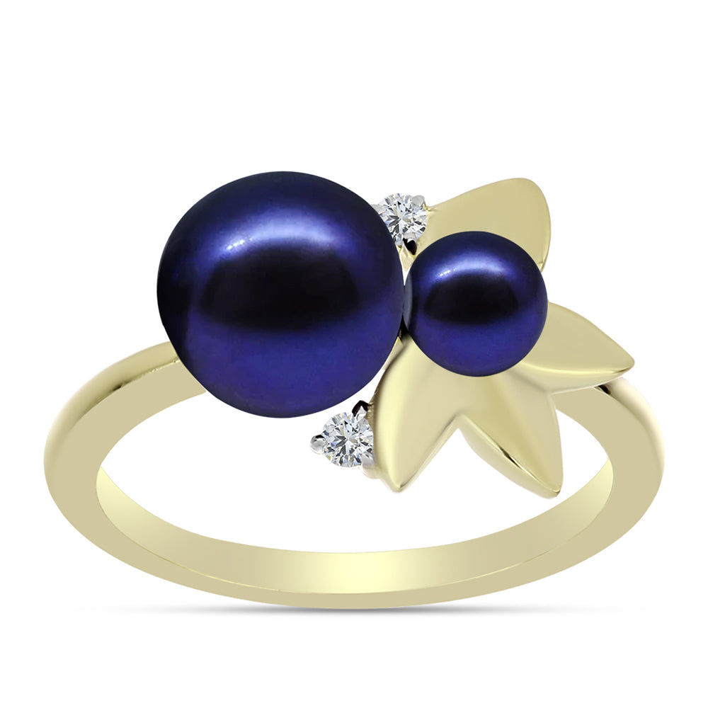 Anillo de Plata Bañada en Oro con Perla Negra de Agua dulce y Topacio Blanco 3 