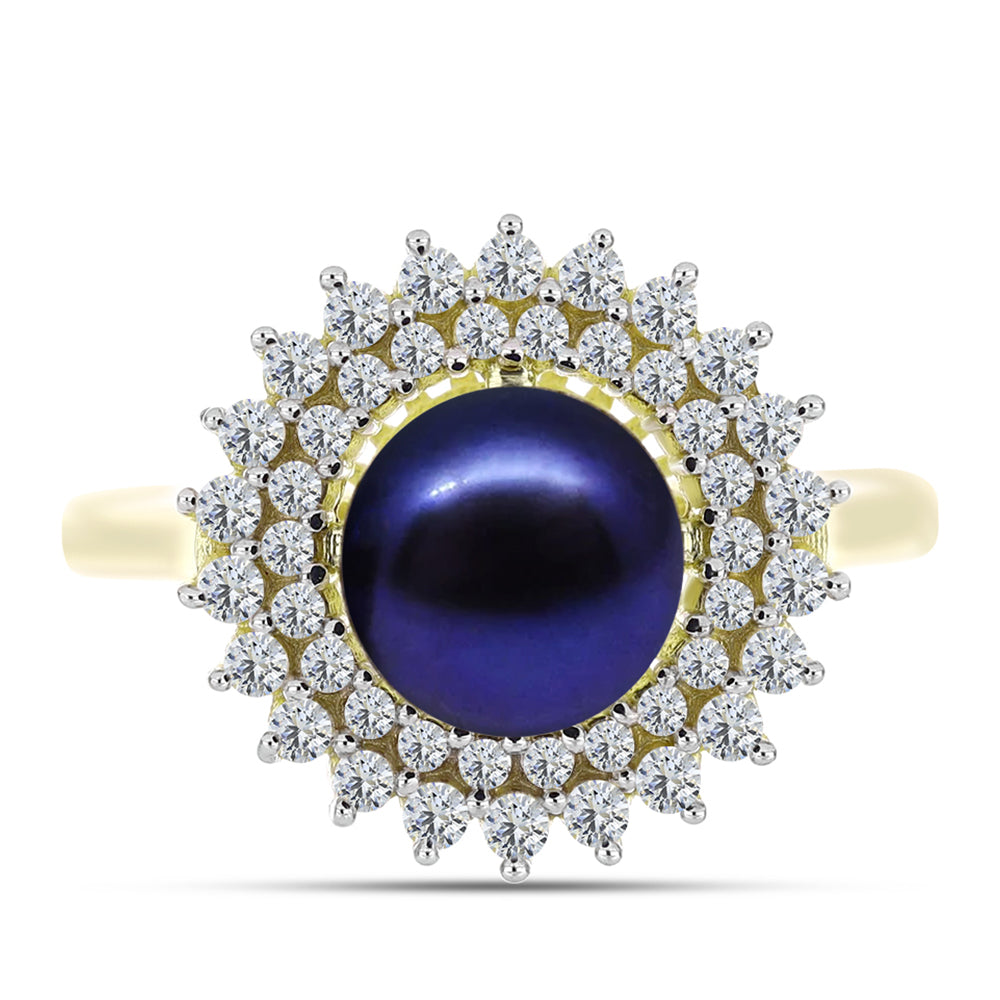 Anillo de Plata Bañada en Oro con Perla Negra de Agua dulce y Topacio Blanco 5 