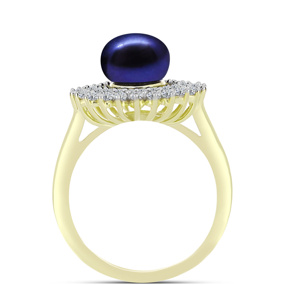 Anillo de Plata Bañada en Oro con Perla Negra de Agua dulce y Topacio Blanco 2 