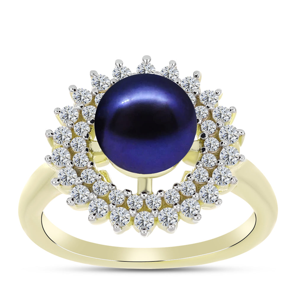 Anillo de Plata Bañada en Oro con Perla Negra de Agua dulce y Topacio Blanco 7 
