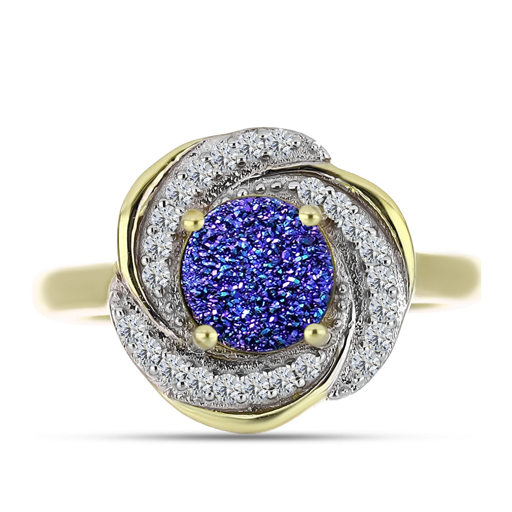 Anillo de Plata Bañada en Oro con Drusa Purpura y Topacio Blanco 1 