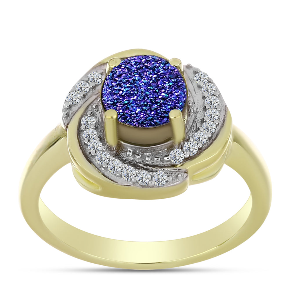 Anillo de Plata Bañada en Oro con Drusa Purpura y Topacio Blanco