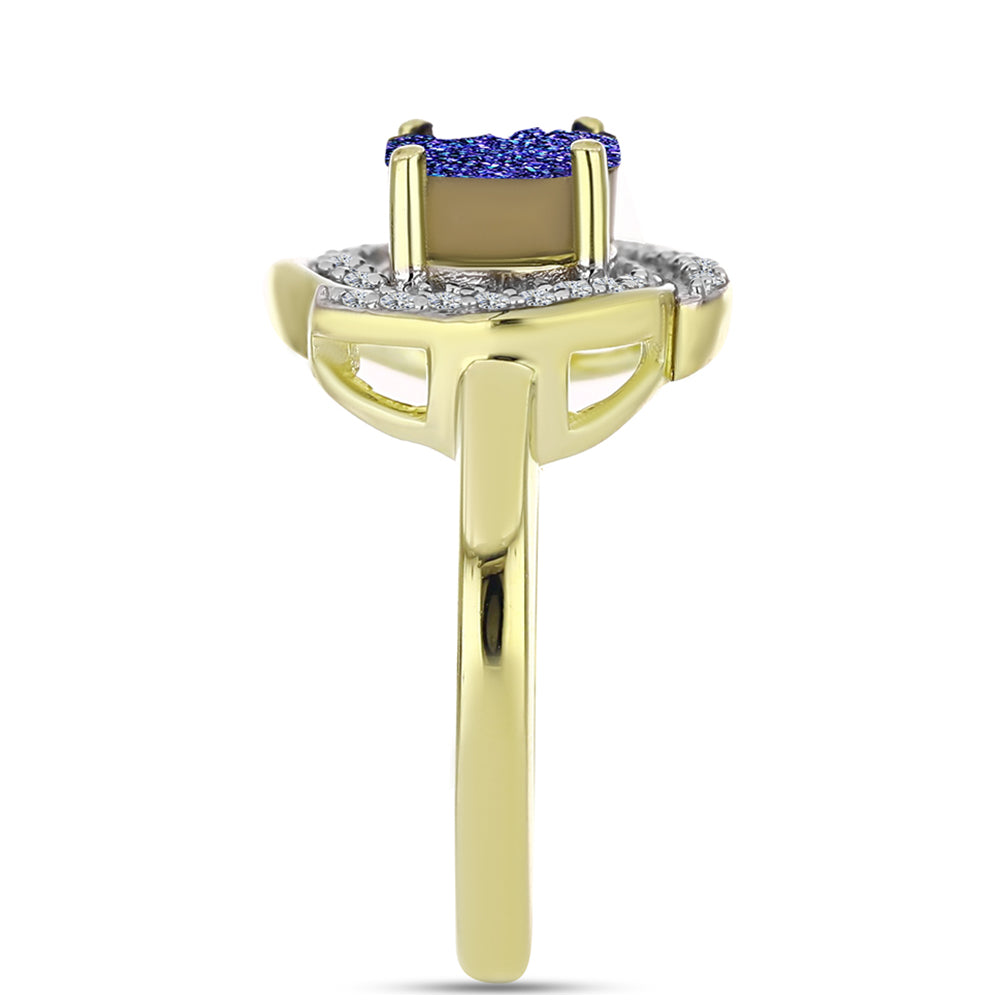 Anillo de Plata Bañada en Oro con Drusa Purpura y Topacio Blanco