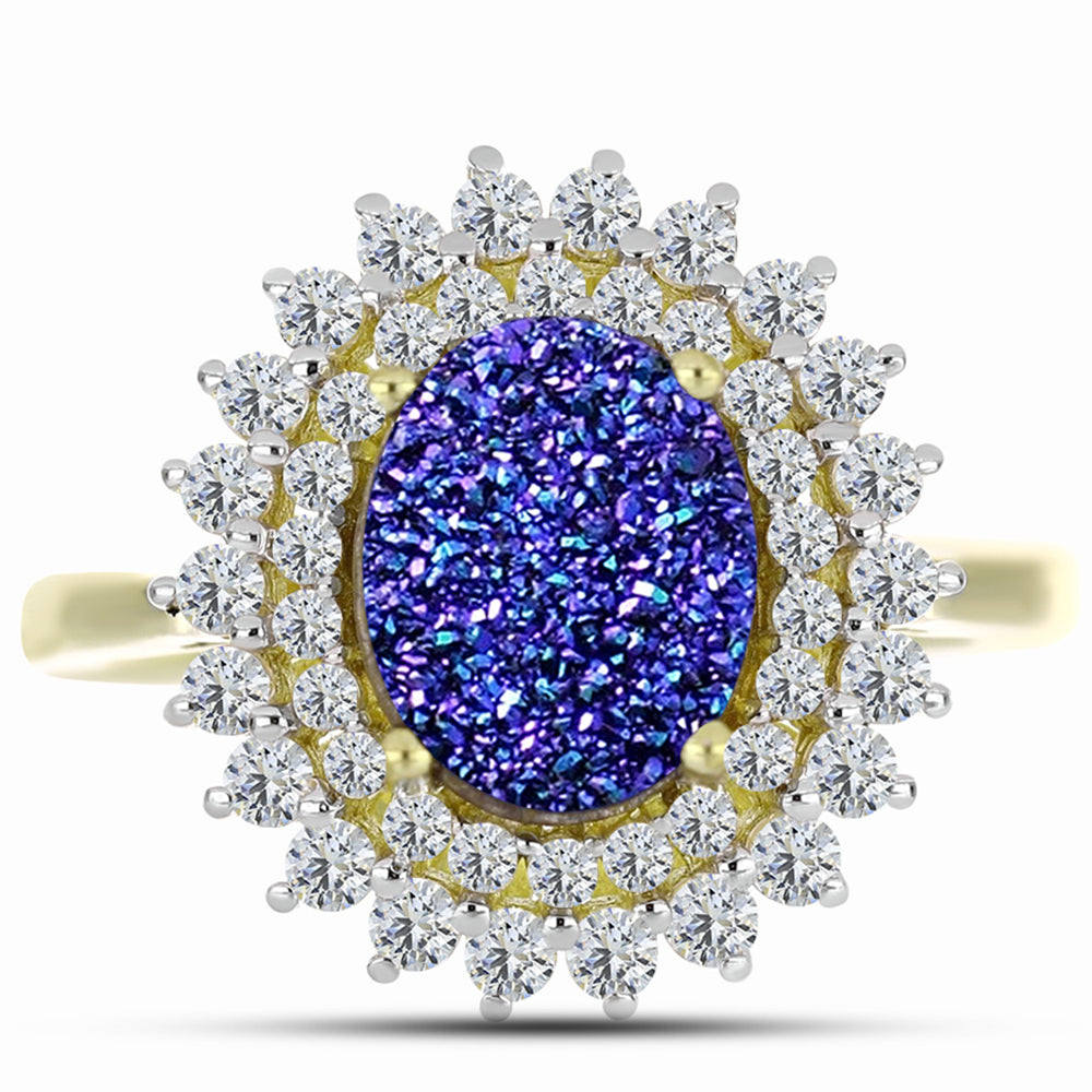 Anillo de Plata Bañada en Oro con Drusa Purpura y Topacio Blanco