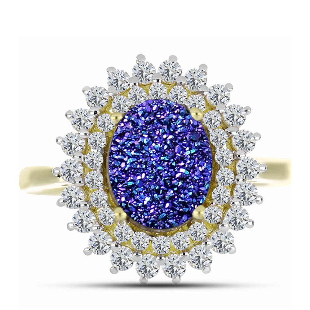 Anillo de Plata Bañada en Oro con Drusa Purpura y Topacio Blanco
