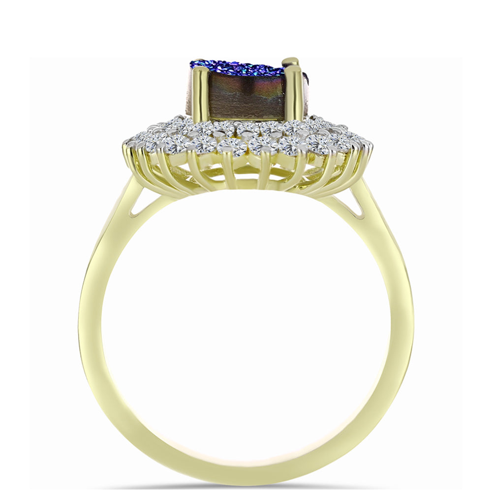Anillo de Plata Bañada en Oro con Drusa Purpura y Topacio Blanco 6 