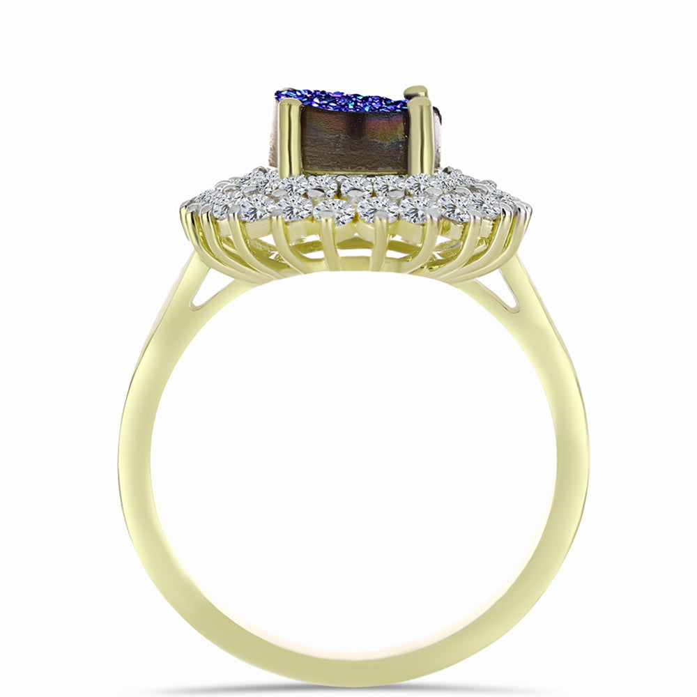 Anillo de Plata Bañada en Oro con Drusa Purpura y Topacio Blanco 2 