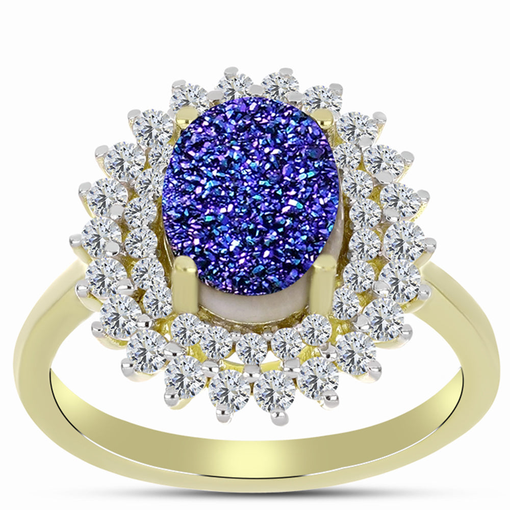 Anillo de Plata Bañada en Oro con Drusa Purpura y Topacio Blanco 3 