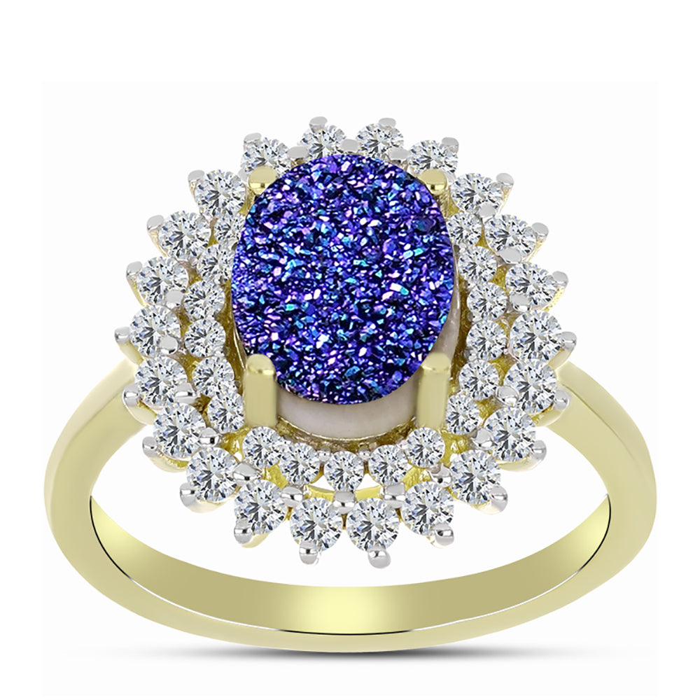 Anillo de Plata Bañada en Oro con Drusa Purpura y Topacio Blanco 7 