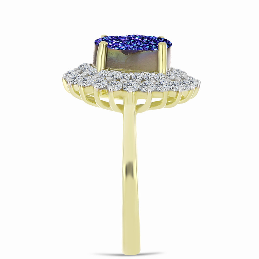 Anillo de Plata Bañada en Oro con Drusa Purpura y Topacio Blanco
