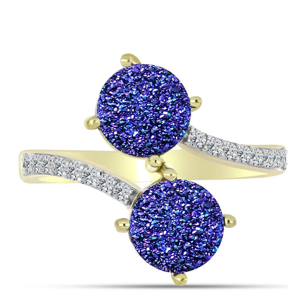 Anillo de Plata Bañada en Oro con Drusa Purpura y Topacio Blanco 1 