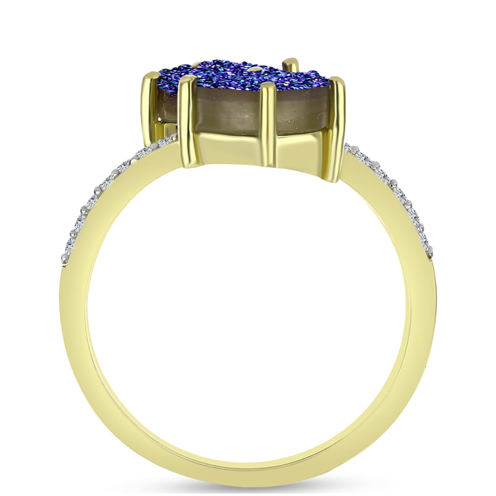 Anillo de Plata Bañada en Oro con Drusa Purpura y Topacio Blanco 6 