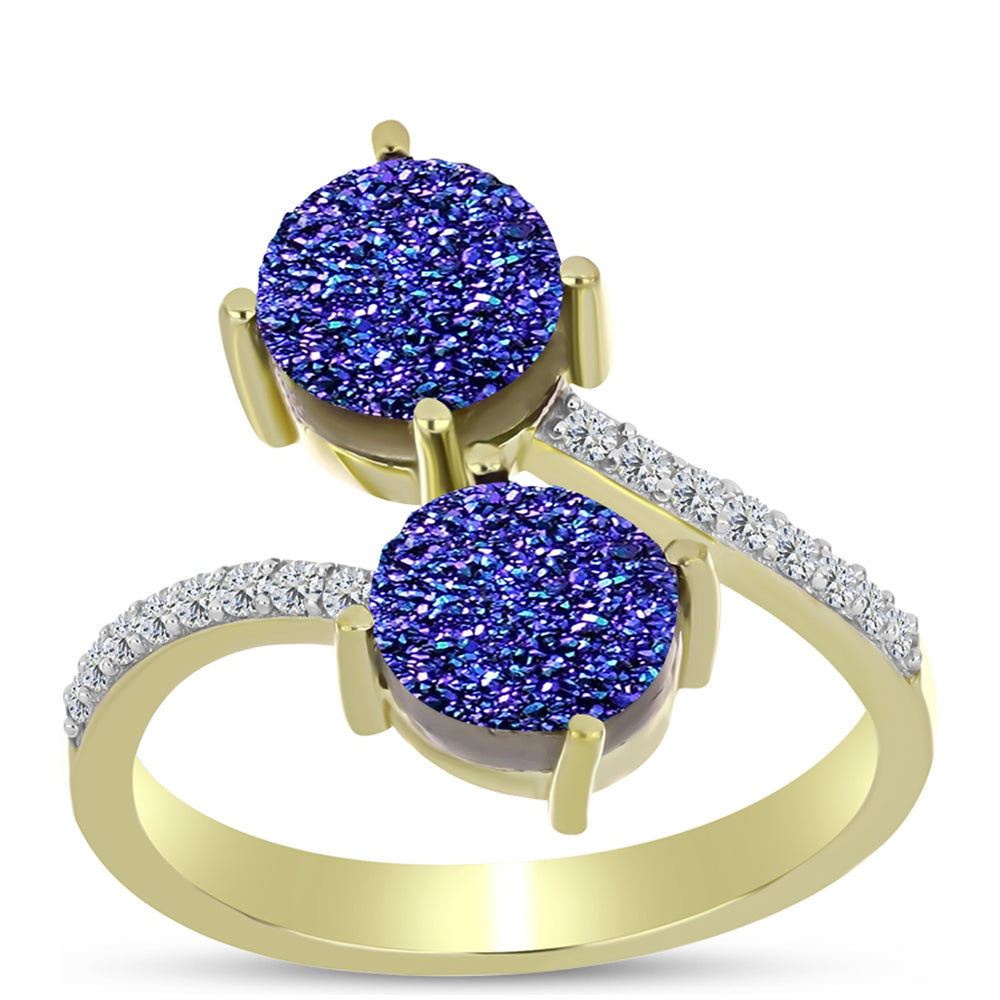 Anillo de Plata Bañada en Oro con Drusa Purpura y Topacio Blanco 3 