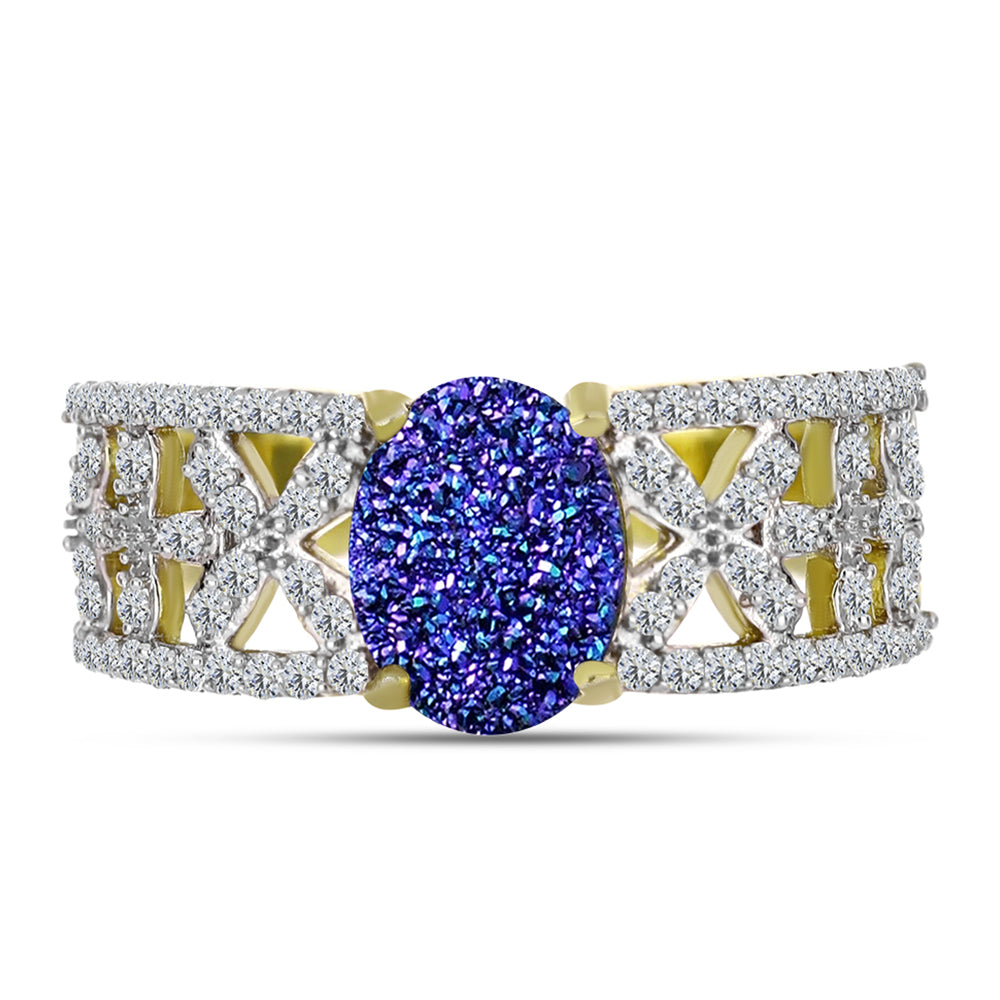 Anillo de Plata Bañada en Oro con Drusa Purpura y Topacio Blanco 5 