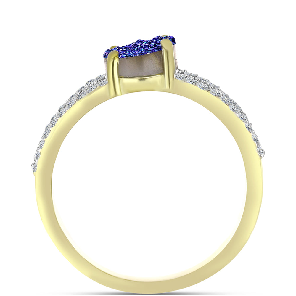 Anillo de Plata Bañada en Oro con Drusa Purpura y Topacio Blanco 6 