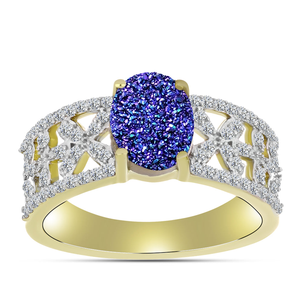 Anillo de Plata Bañada en Oro con Drusa Purpura y Topacio Blanco