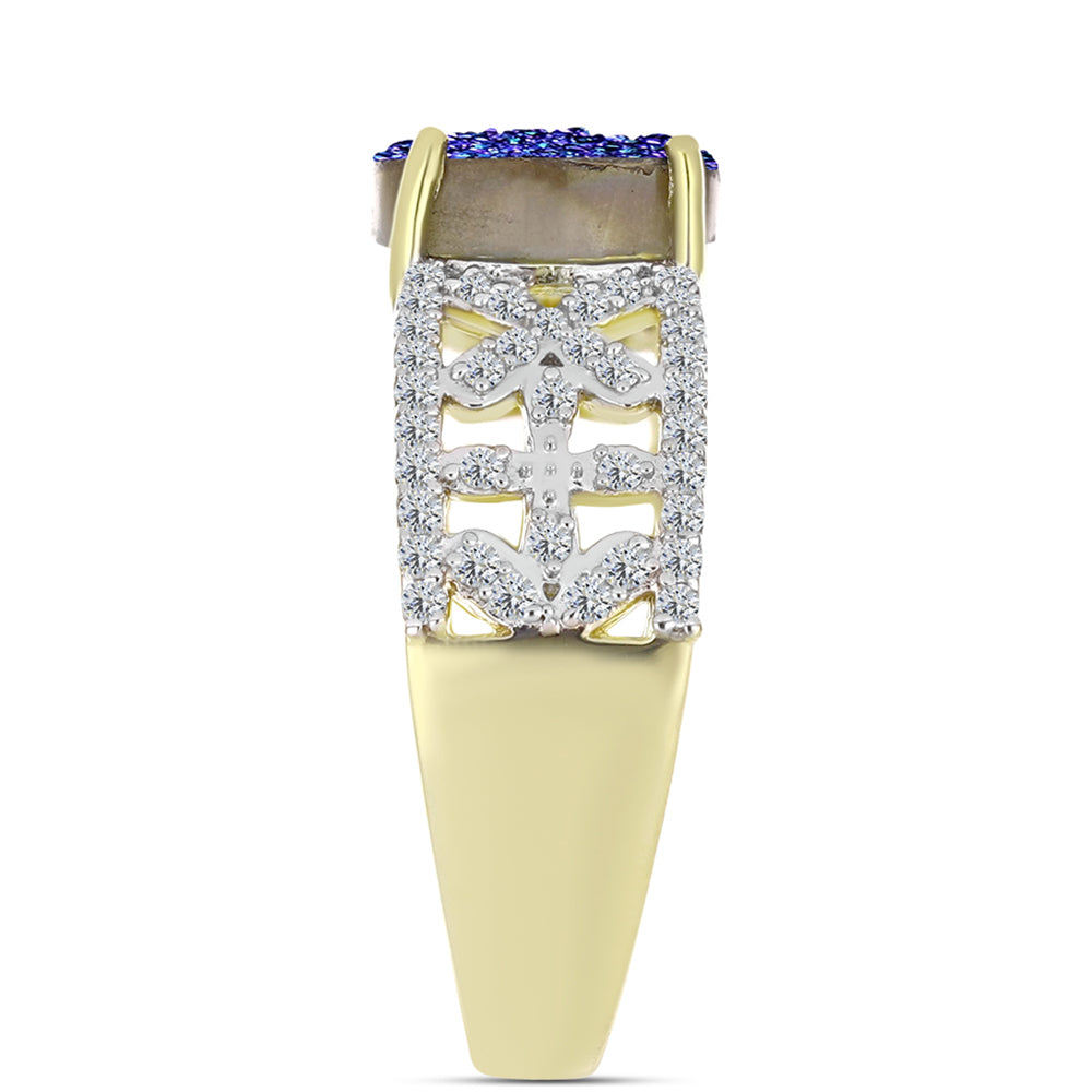 Anillo de Plata Bañada en Oro con Drusa Purpura y Topacio Blanco