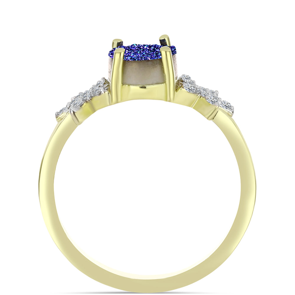 Anillo de Plata Bañada en Oro con Drusa Purpura y Topacio Blanco 2 