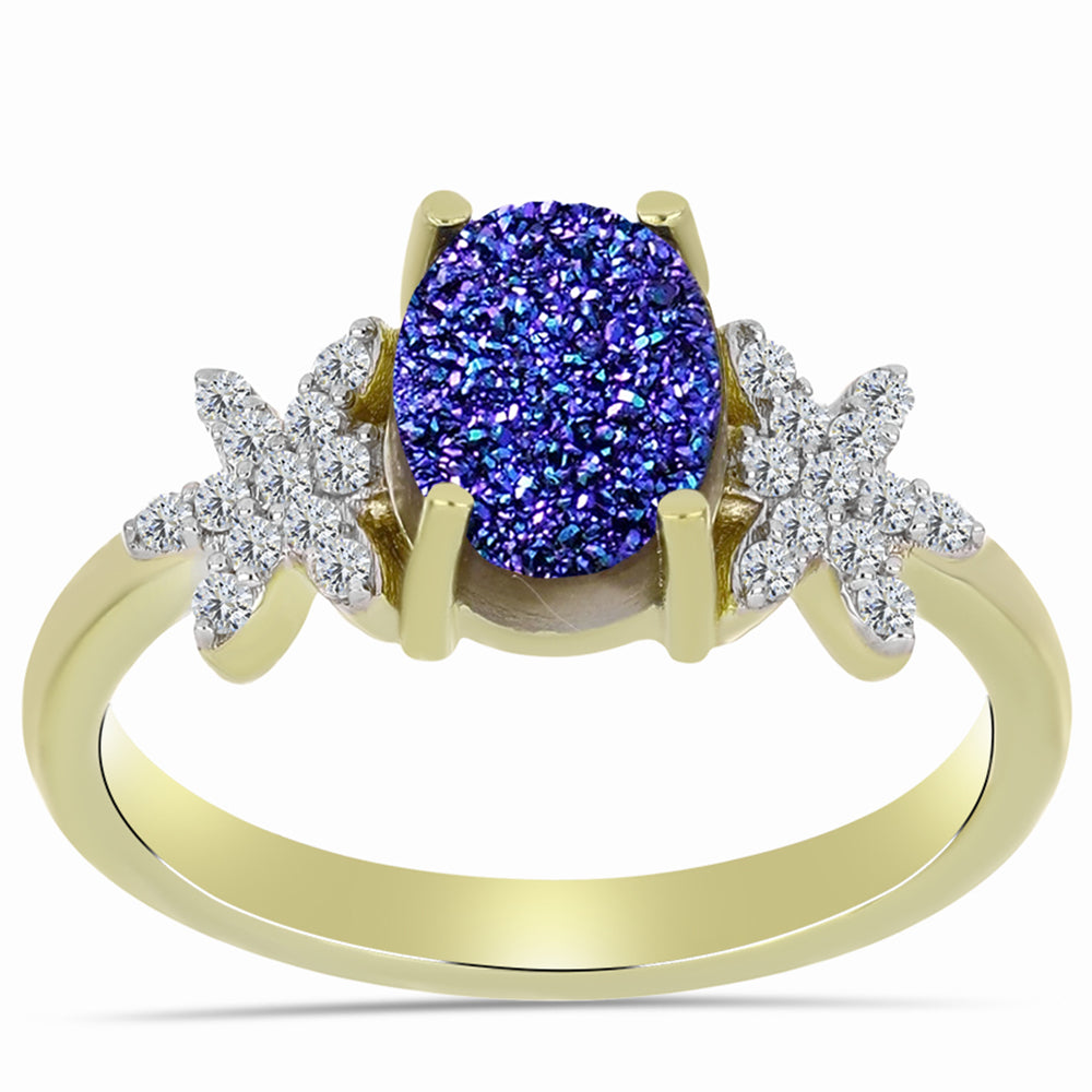 Anillo de Plata Bañada en Oro con Drusa Purpura y Topacio Blanco