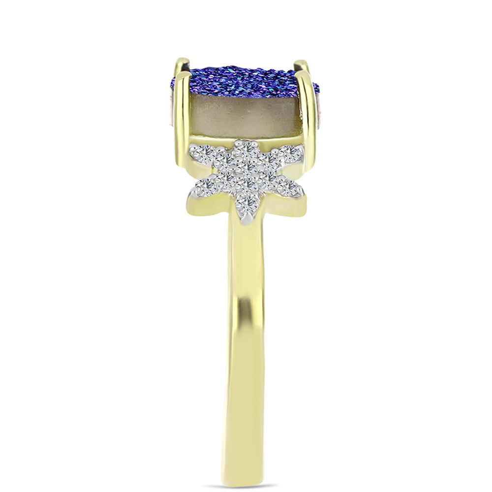 Anillo de Plata Bañada en Oro con Drusa Purpura y Topacio Blanco 4 
