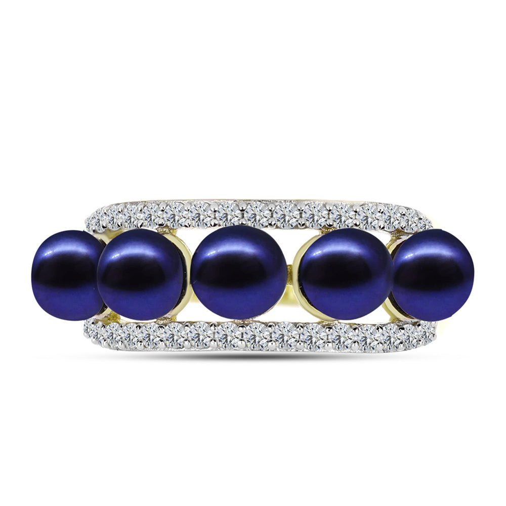 Anillo de Plata Bañada en Oro con Perla Negra de Agua dulce y Topacio Blanco