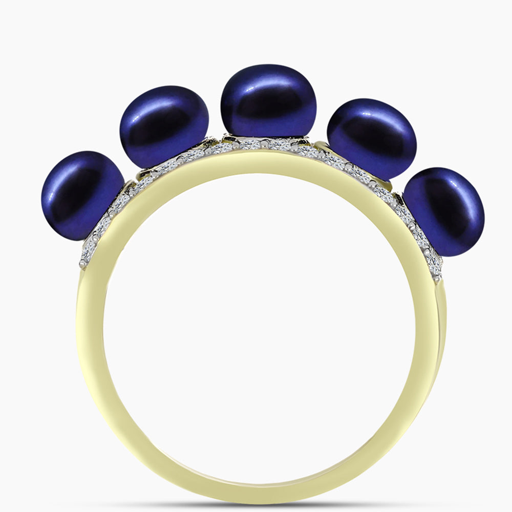 Anillo de Plata Bañada en Oro con Perla Negra de Agua dulce y Topacio Blanco