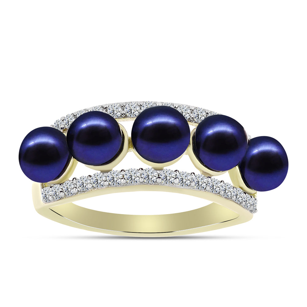 Anillo de Plata Bañada en Oro con Perla Negra de Agua dulce y Topacio Blanco 3 