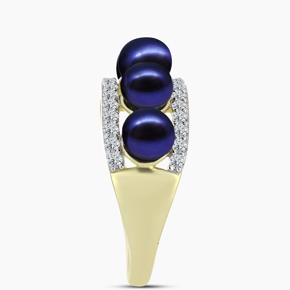 Anillo de Plata Bañada en Oro con Perla Negra de Agua dulce y Topacio Blanco 4 