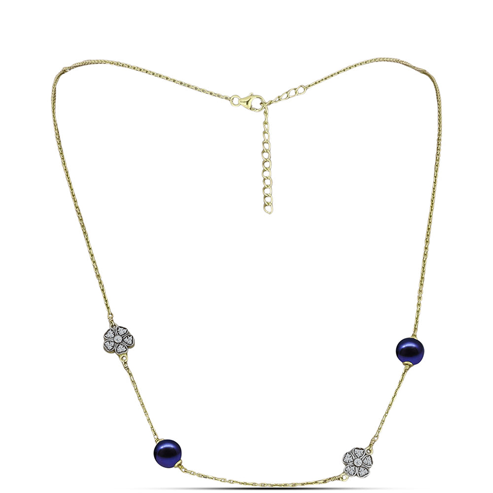 Collar de Plata Bañada en Oro con Perla Negra de Agua dulce y Topacio Blanco 1 