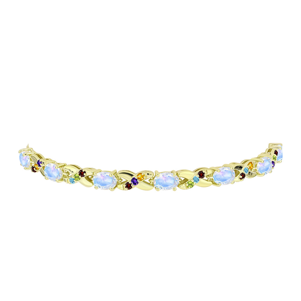 Pulsera de Plata Bañada en Oro con Piedra Lunar Arco Iris y Amatista de Marruecos 3 