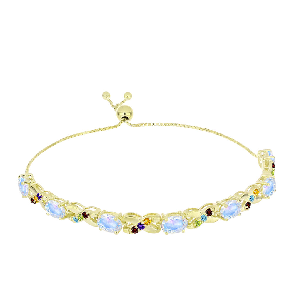 Pulsera de Plata Bañada en Oro con Piedra Lunar Arco Iris y Amatista de Marruecos 4 