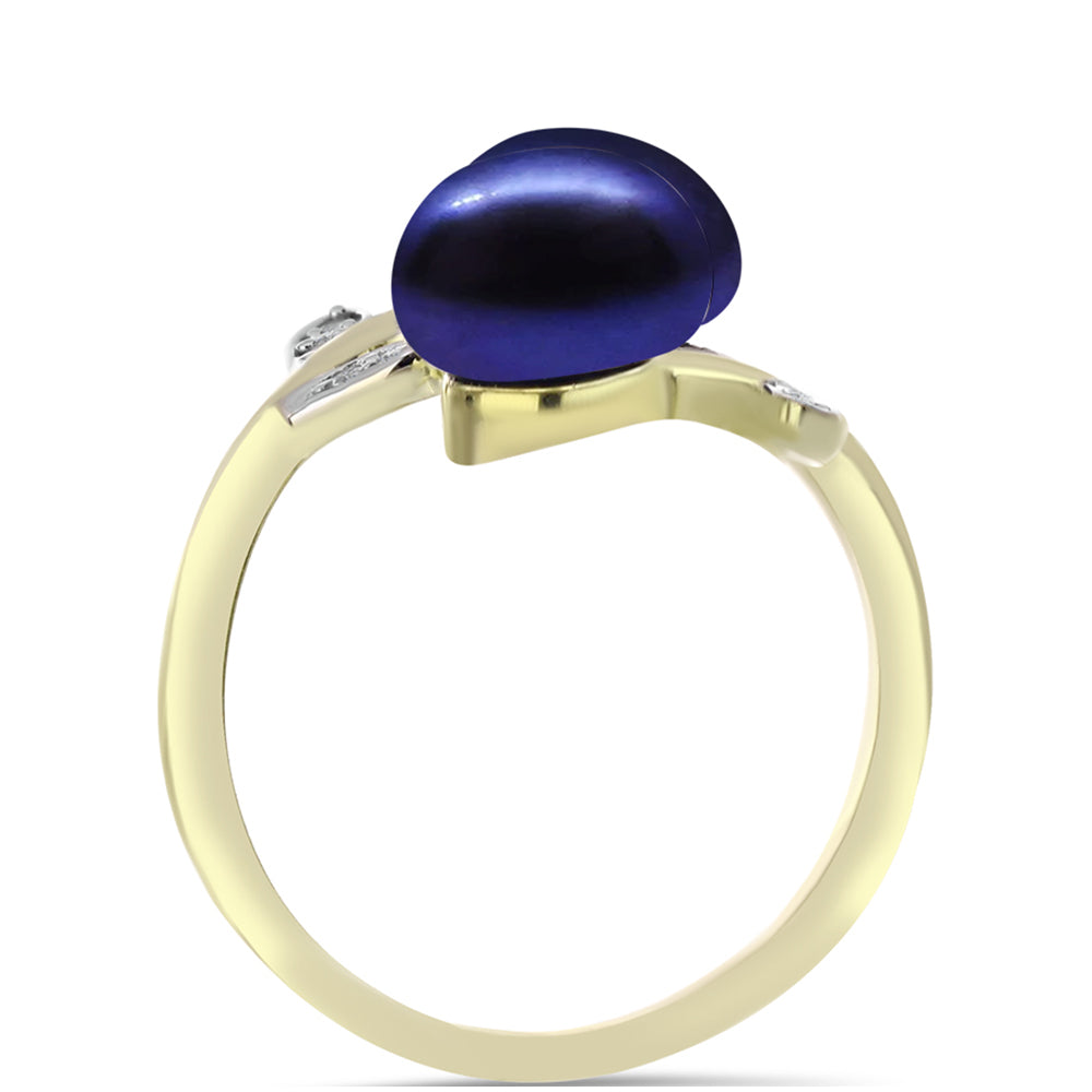 Anillo de Plata Bañada en Oro con Perla Negra de Agua dulce y Topacio Blanco 2 