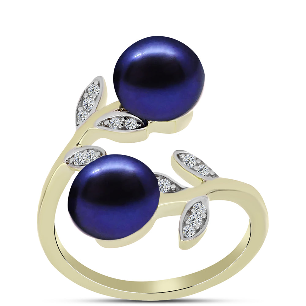 Anillo de Plata Bañada en Oro con Perla Negra de Agua dulce y Topacio Blanco 3 