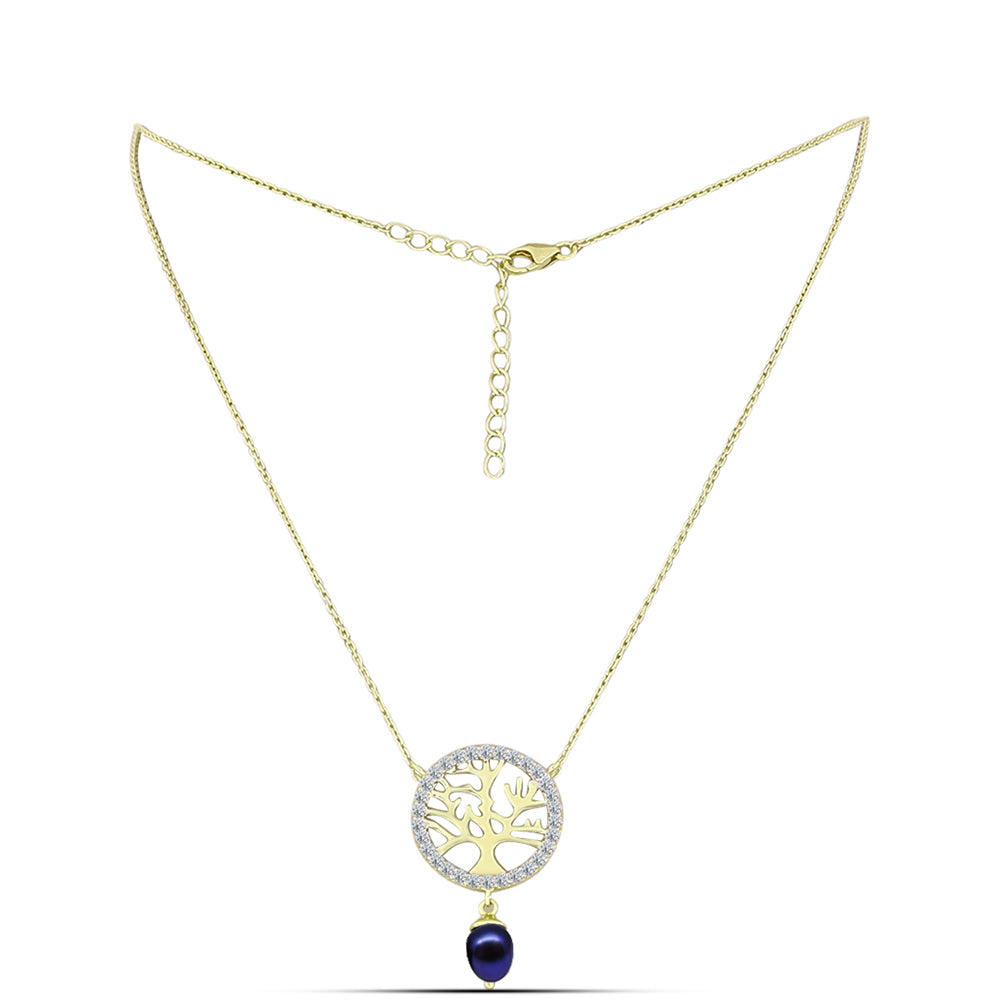 Collar de Plata Bañada en Oro con Perla Negra de Agua dulce y Topacio Blanco 1 