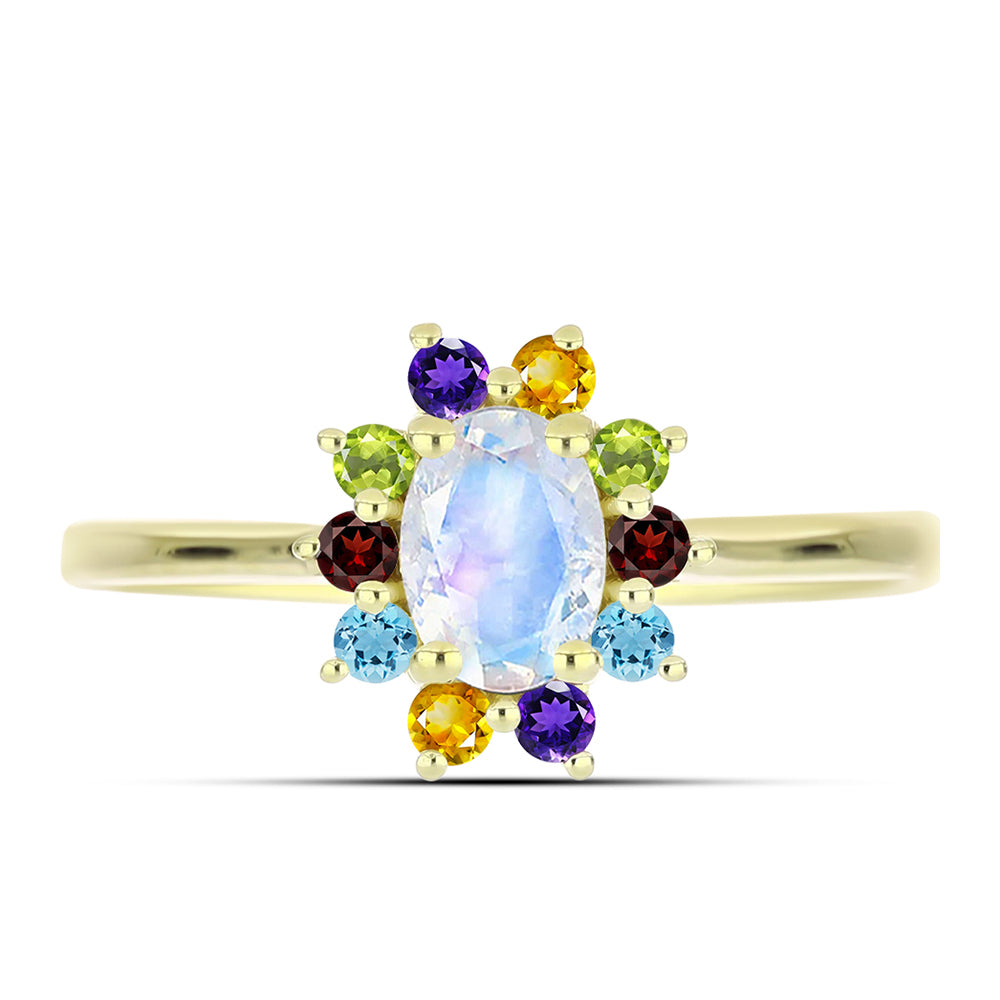 Anillo de Plata Bañada en Oro con Piedra Lunar Arco Iris y Amatista de Marruecos 5 