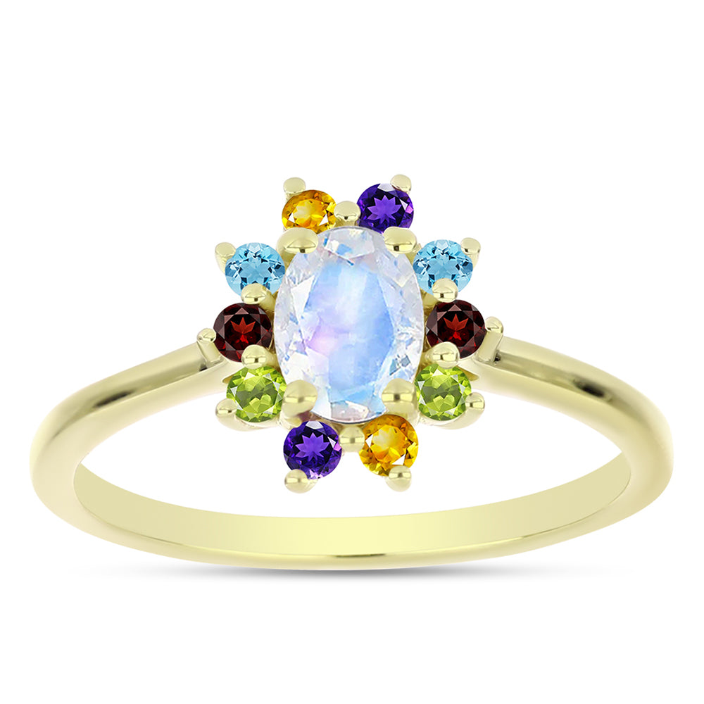 Anillo de Plata Bañada en Oro con Piedra Lunar Arco Iris y Amatista de Marruecos 7 