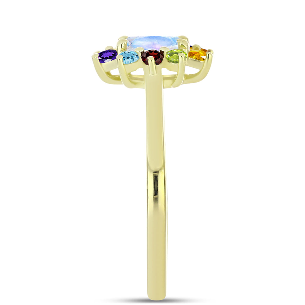Anillo de Plata Bañada en Oro con Piedra Lunar Arco Iris y Amatista de Marruecos 4 