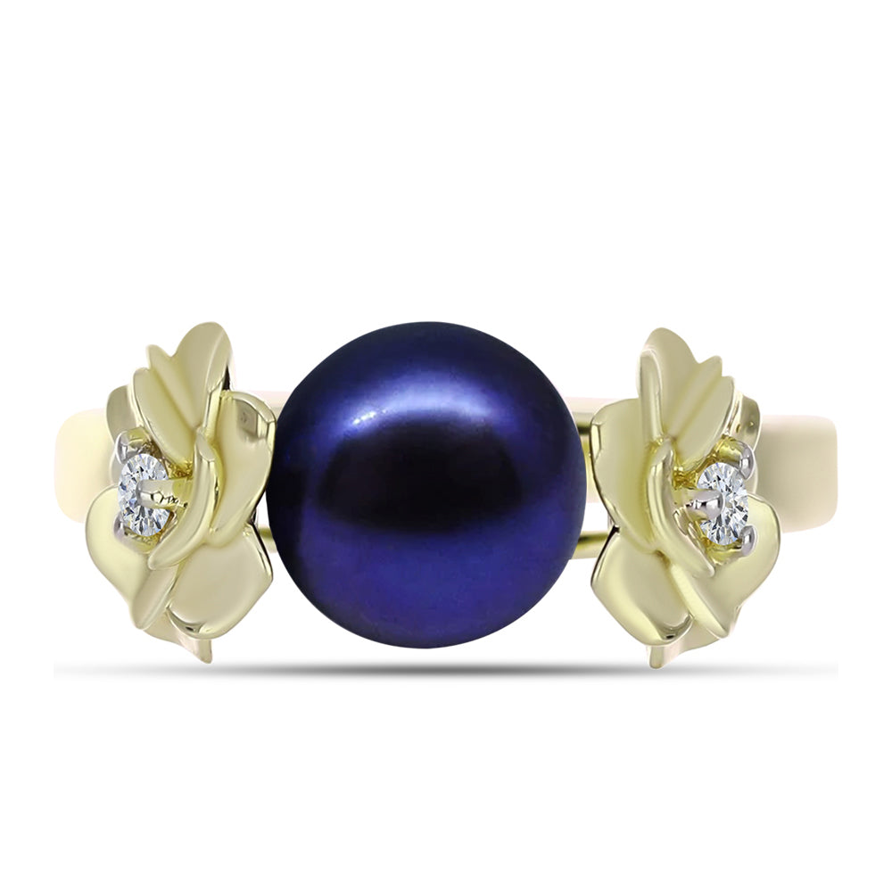 Anillo de Plata Bañada en Oro con Perla Negra de Agua dulce y Topacio Blanco 1 
